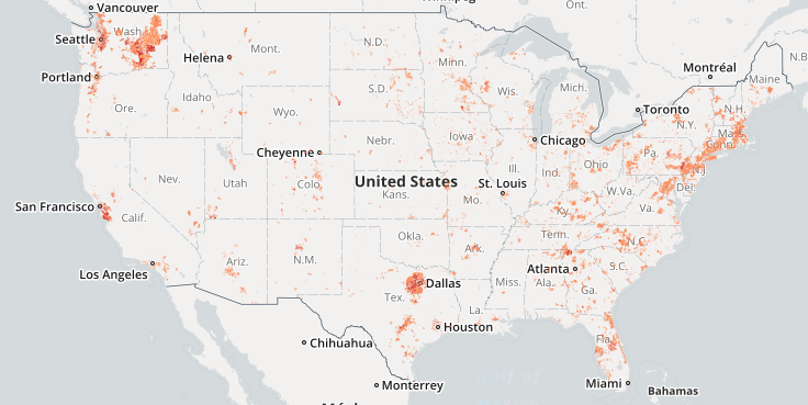 Highlighted areas have two or more high-speed broadband providers, according to the FCC's 2016 data