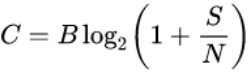 The Shannon-Hartley theorem, describing the theoretical limit to the information capacity of a channel as a function of bandwidth (B), signal power (S) and average noise power (N). A screenshot of a math equation describing the relationship "C = B * lg(1 + S/N)"