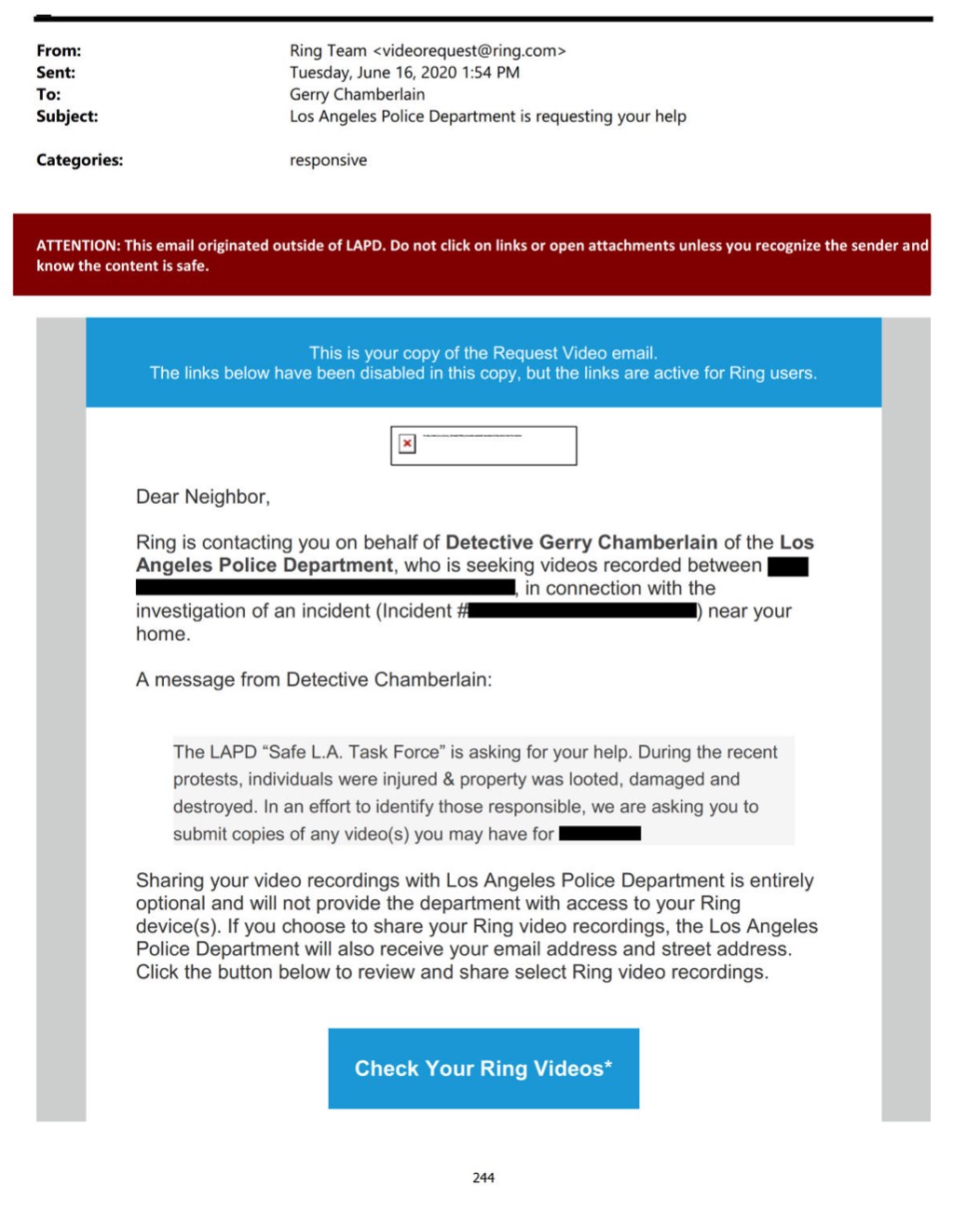 An email showing an LAPD request for footage to an Amazon Ring user.