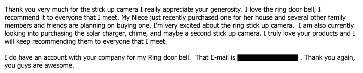 Email from LAPD officer thanking Ring employee for camera