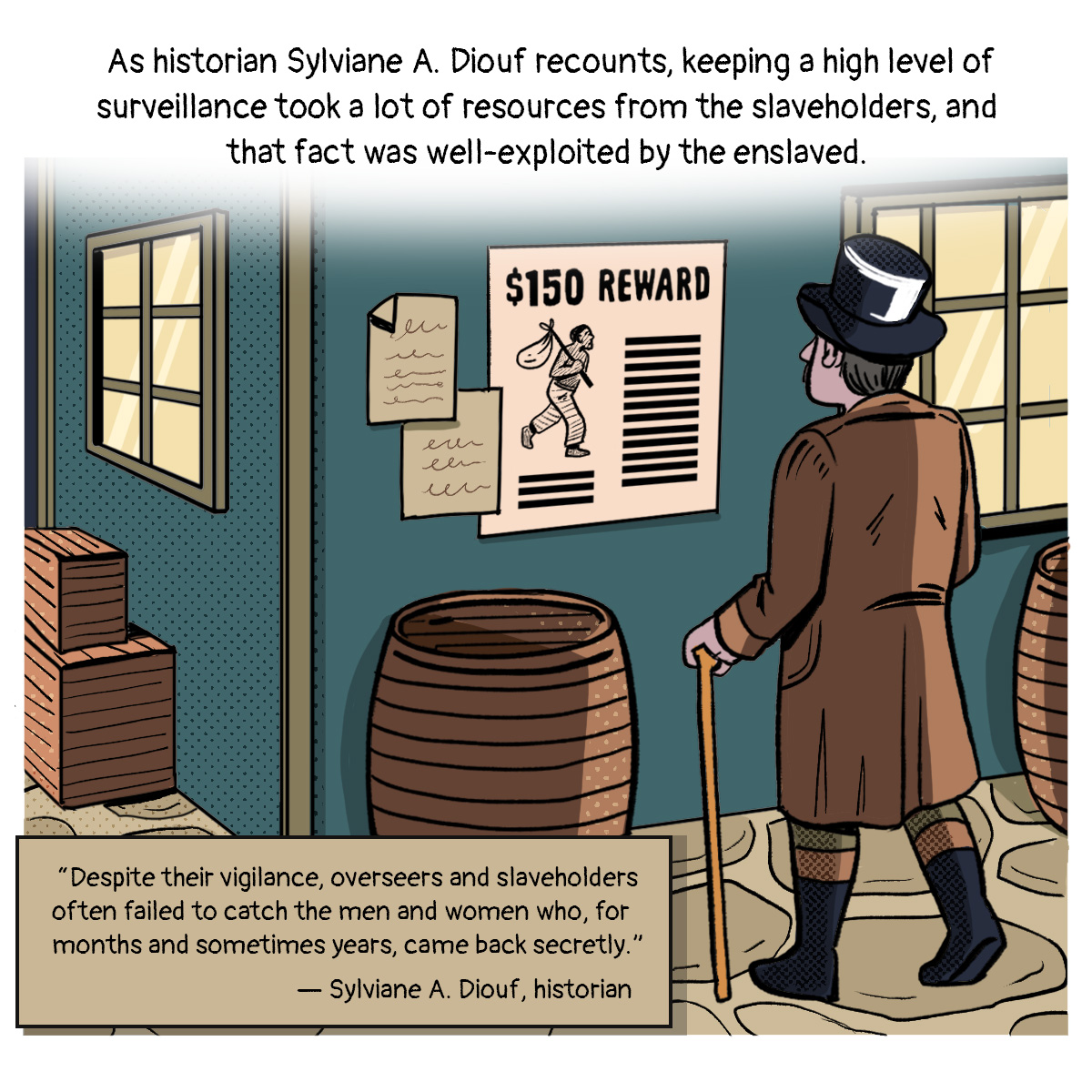 A White man in a top hat looks at a poster of a 50 reward for the capture of a slave.