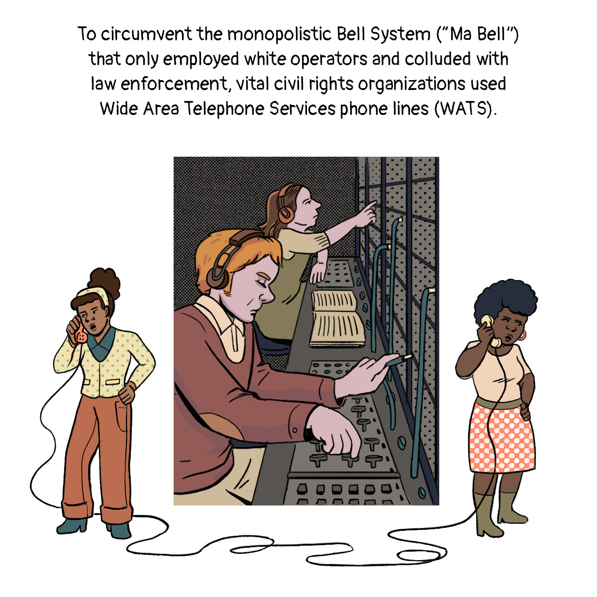 An illustration showing the separation between White switchboard operators and Black women talking to each other on the telephone.
