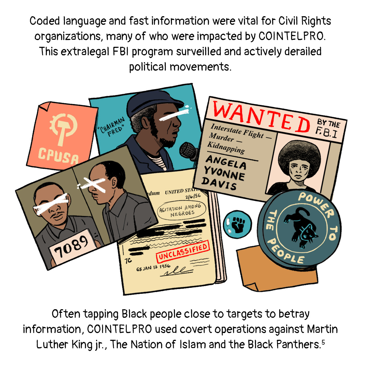 “Chairman Fred”, Angela Yvonne Davis’s FBI Wanted picture, and so on.
