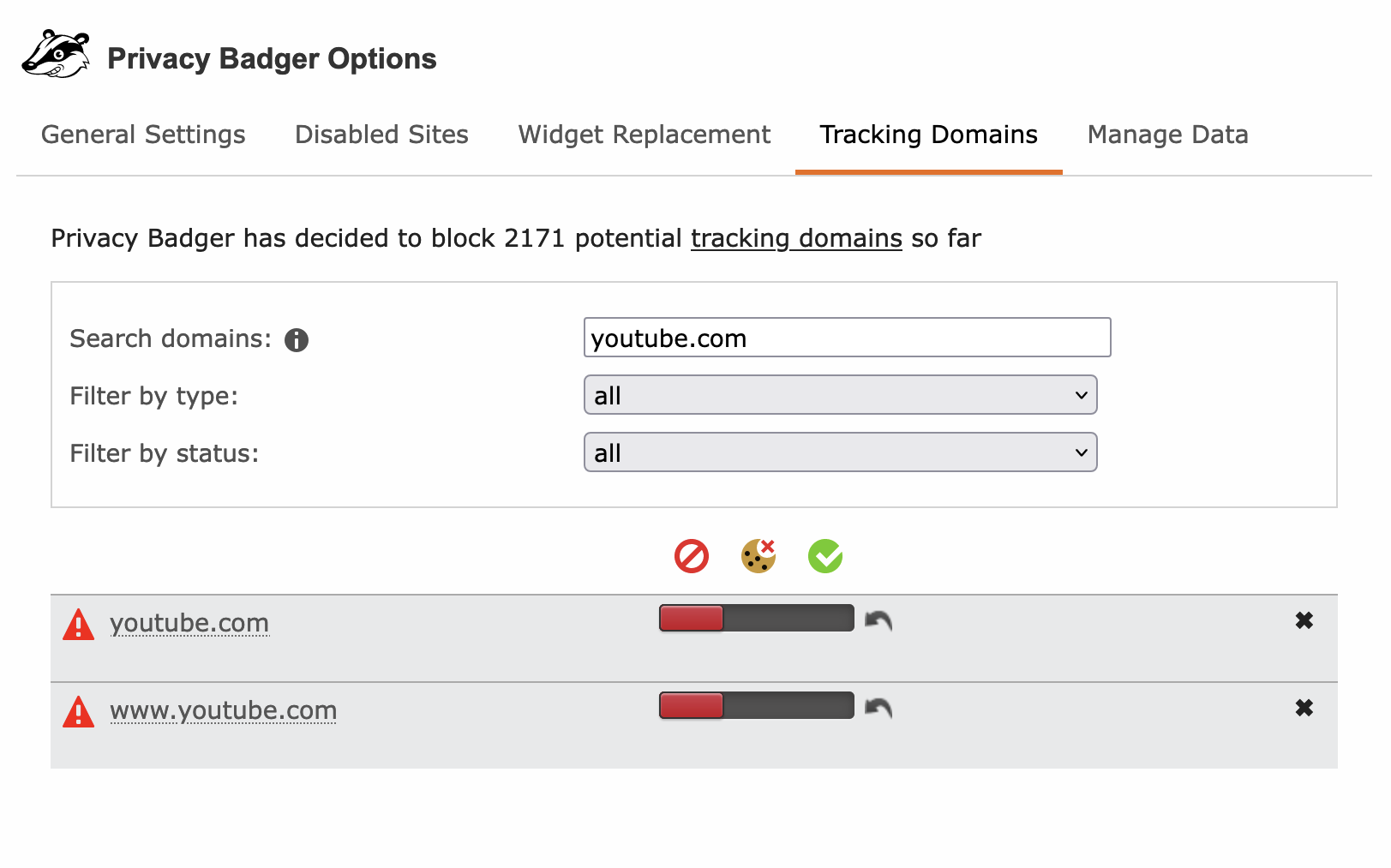 To opt in, visit Privacy Badger's options page, select the “Tracking Domains” tab, search for “youtube.com”, and move the toggle for youtube.com to the "Block entirely" position. A screenshot of Privacy Badger’s options page with the Tracking Domains tab selected. The list of tracking domains was filtered for “youtube.com”; the slider for youtube.com was moved to the “Block entirely” position.