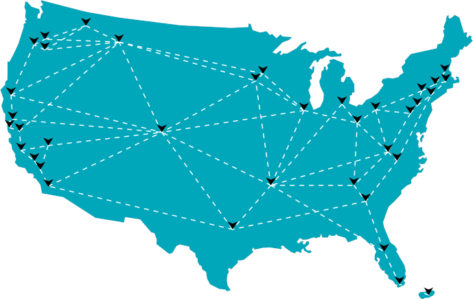 Intercnnected nodes over an outline of the continental US and Puerto Rico with
