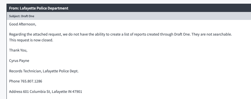 Regarding the attached request, we do not have the ability to create a list of reports created through Draft One. They are not searchable. This request is now closed. Regarding the attached request, we do not have the ability to create a list of reports created through Draft One. They are not searchable. This request is now closed.