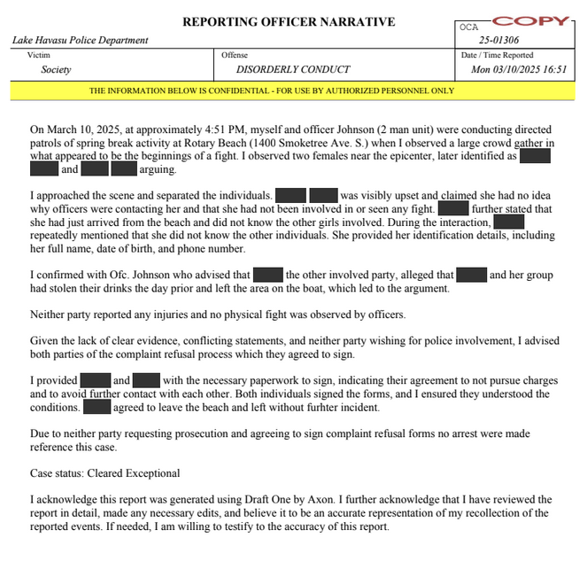 A police report peppered with redactions. A police report peppered with redactions.