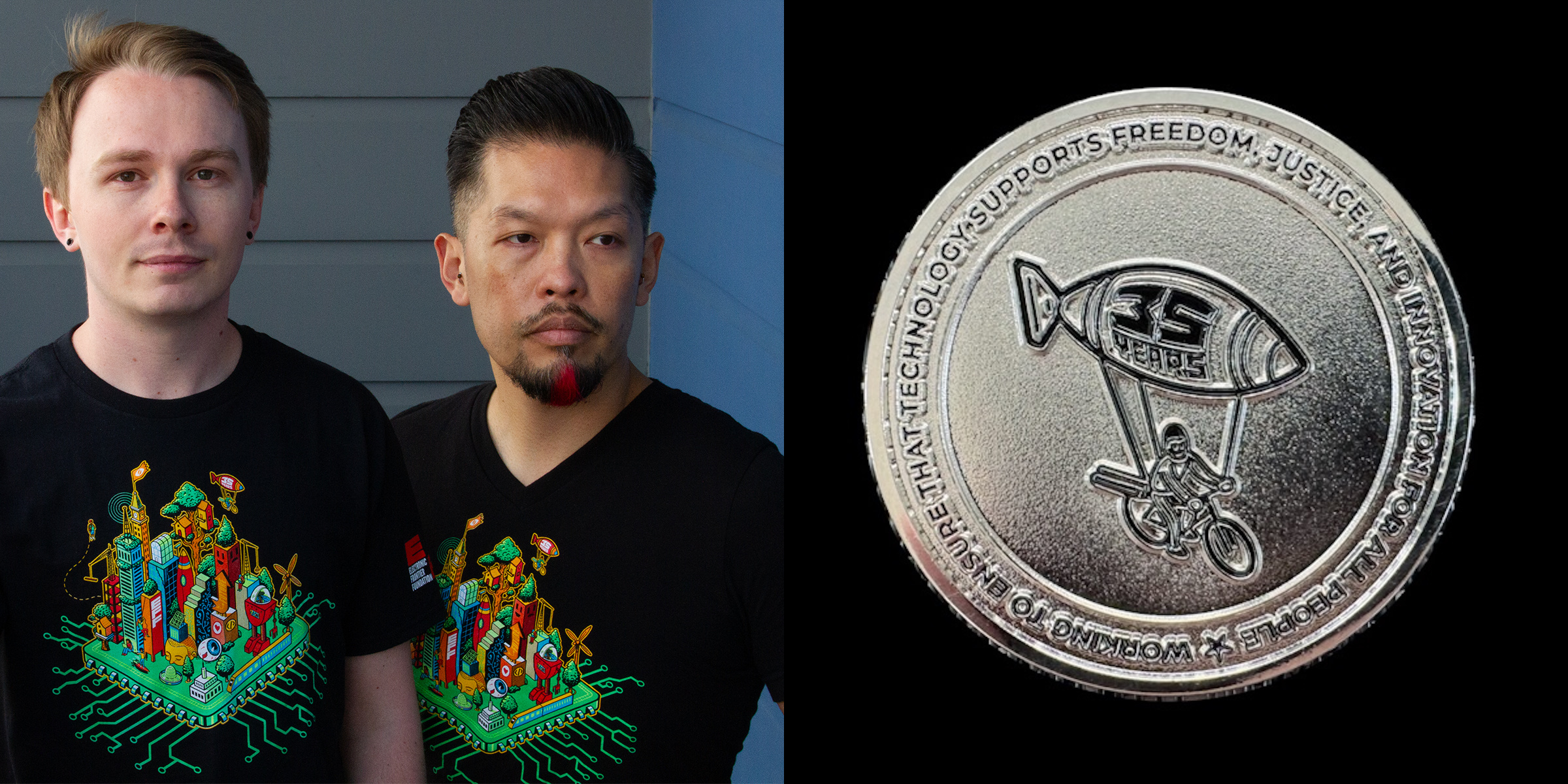 EFF's Cityscape t-shirt and 35th Anniversary Challenge Coin EFF's Cityscape t-shirt and 35th Anniversary Challenge Coin